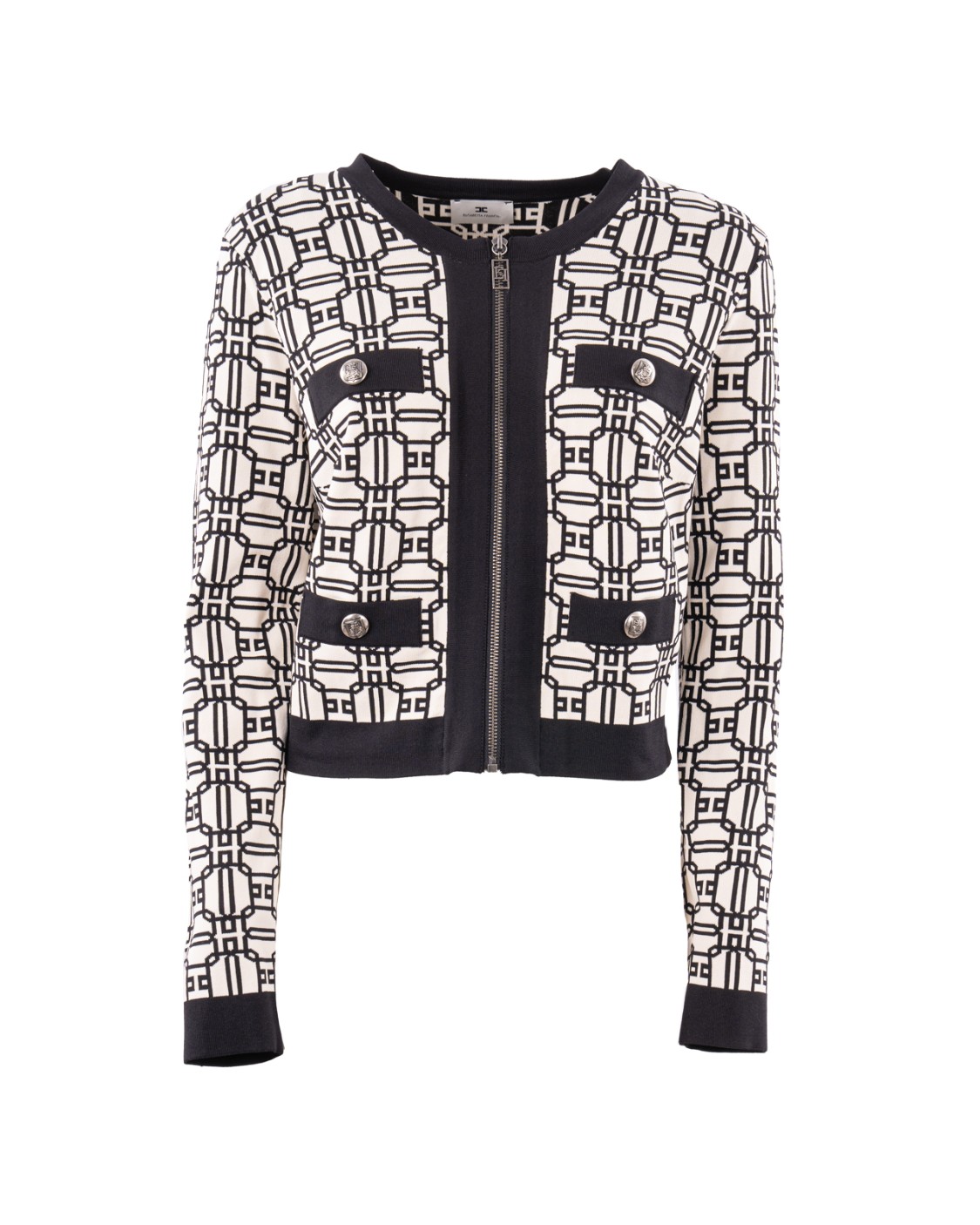shop ELISABETTA FRANCHI Saldi Maglia: Elisabetta Franchi cardigan cropped logo jacquard.
Stampa logo jacquard.
Maniche lunghe.
Scollo a giro.
Chiusura frontale con zip in metallo dorato con tiretto logo nel centro davanti e finiture in contrasto colore.
Vestibilità slim.
Composizione: 65% Viscosa 35% Poliammide.
Made in Italy.. MK32B47E2-E84 number 8224676